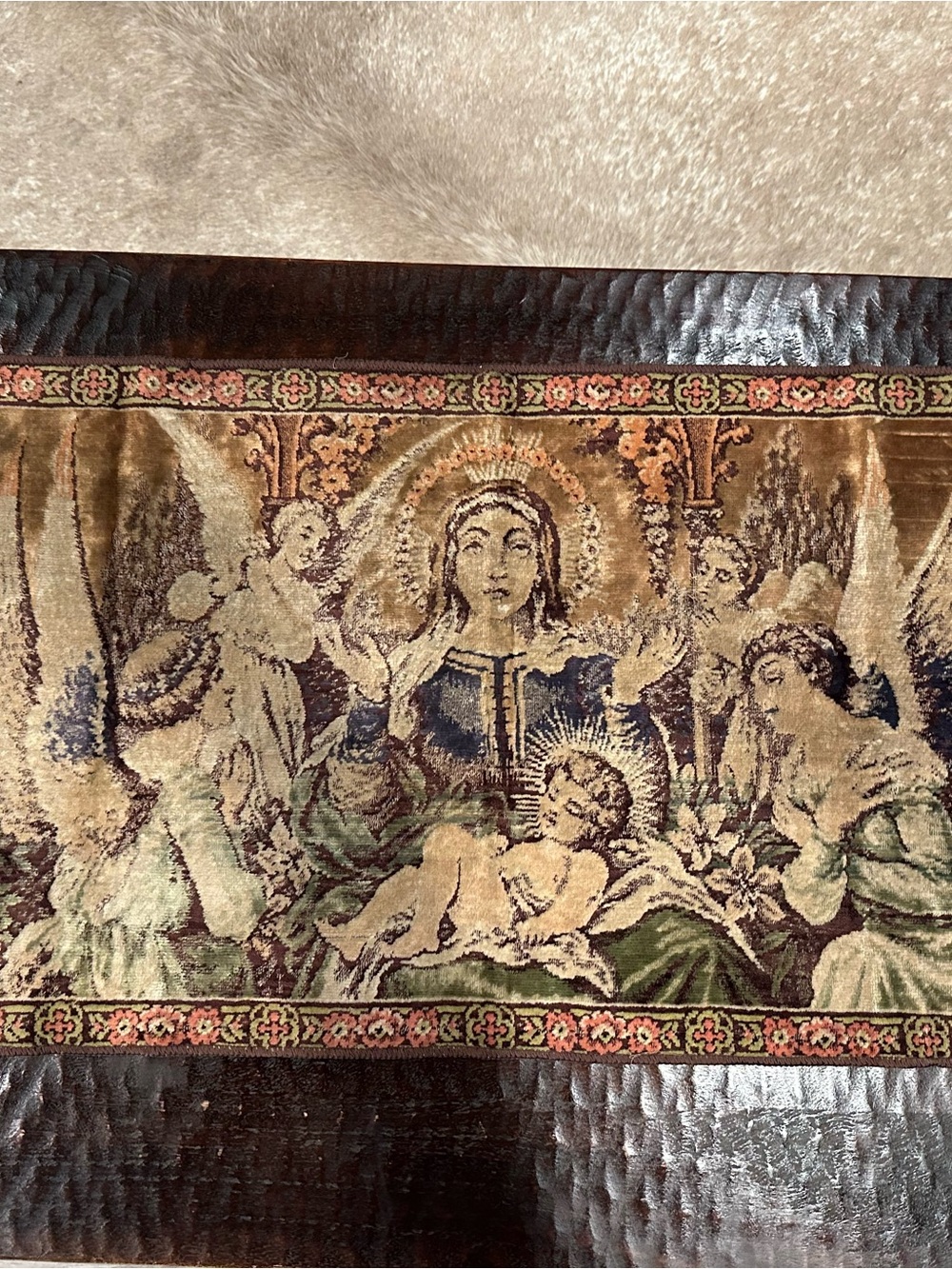 Religious Woven Wall Hanging - Madonna & Child in Gold, Green & Blue